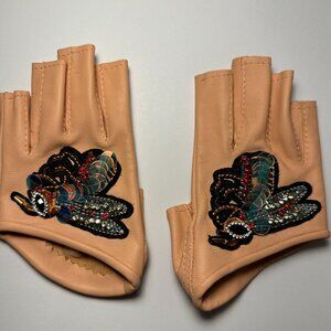 Peach Leather Fingerless Gloves w/ Beaded Bug Detail